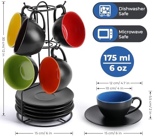 MIAMIO - Set of 6, Ceramic Stackable Cappuccino Cups Set / 6 Ounce Cappuccino Mugs and Saucer with Metal Stand for Coffee Drinks, Cafe, Latte, Americano and Tea - Le Papillon Collection (Mixed) - Image 2