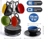 MIAMIO - Set of 6, Ceramic Stackable Cappuccino Cups Set / 6 Ounce Cappuccino Mugs and Saucer with Metal Stand for Coffee Drinks, Cafe, Latte, Americano and Tea - Le Papillon Collection (Mixed) - Image 2