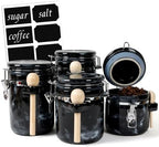 4 Piece Airtight Ceramic Canister Set With Attached Wooden Spoon Reusable Chalk Labels For Dry Goods Sugar Coffee Tea Kitchen Storage Use (Marble Black) by TryitBuyitYoulllikeit