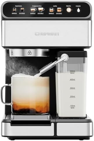 Chefman CaféMaster Pro Espresso Machine, Brew Single or Double Shots, Coffee Maker with Built-In Milk Frother for Cappuccino & Latte, XL 1.8 Liter Removable Water Reservoir - Stainless Steel by Chefman