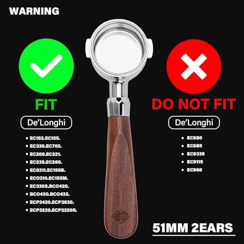 51mm Espresso Bottomless Portafilter with 2 Ear | Fits De’Longhi ECP3420 / EC155 / BCO430 / EC260 Espresso Machine | Stainless Steel Basket and Walnut Handle | Espresso Accessories - Image 2