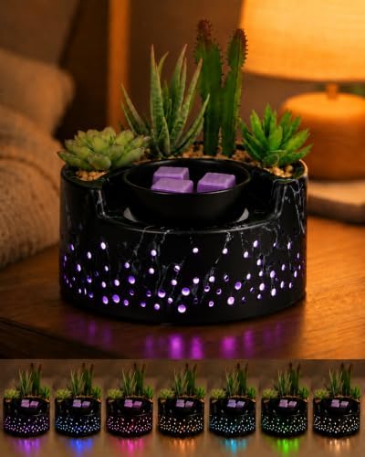 Ceramic Wax Melt Candle Warmer 4-in-1, Flameless PTC Heating with 7-Color LED Night Light, Electric Essential Oil Diffuser, Zen Design Marble Succulent Pot, for Yoga Room Home Office Decor by Waxarapy