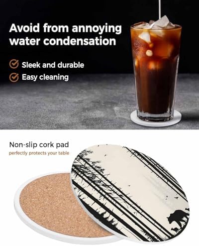 Coasters for Drinks Set of 8 Abstract Forest Walking Bear Family Natural Silhouette Ceramic Cup Mat, Absorbent Ceramic Stone Coasters with Cork Base for Coffee Cups Wooden Table Home Decor 4 Inch - Image 7