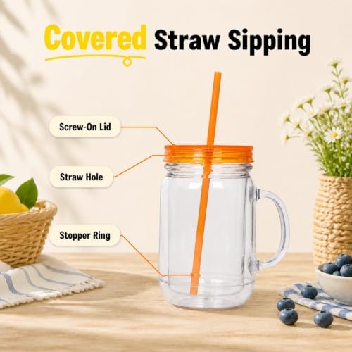 Plastic Mason Jars with Handles, Lids and Straws | 20 oz Double Insulated Tumbler with Straw | 4 Pack Set of 4 | Wide Mouth Mason Jar Mugs | Cups for Kids and Adults… - Image 6