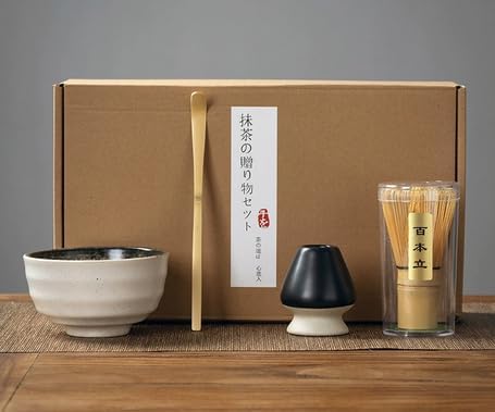6 Piece Matcha Tea Set with Bamboo Whisk, Teaspoon, Ceramic Bowl, Whisk Holder for Tea Ceremony by POWLAB