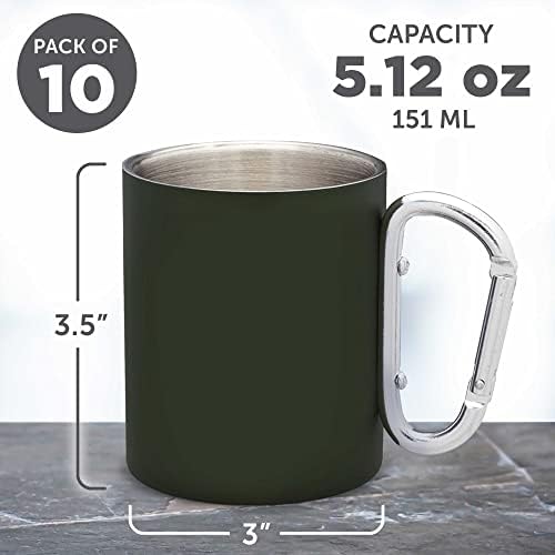 DISCOUNT PROMOS Stainless Steel Mugs with Carabiner Handle 10 oz. Set of 10, Bulk Pack - Perfect for Coffee, Soda, Other Hot & Cold Beverages - Army Green - Image 5