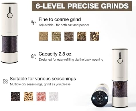 Electric Salt and Pepper Grinder Set Stainless Steel 2 Pack USB Rechargeable LED One Hand Off White - Image 3
