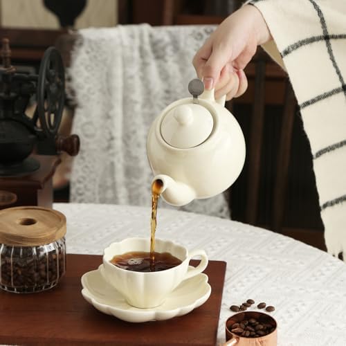 Ceramic Flower-shaped Tea Cup and Saucer Set 5oz/150ml Cappuccino Coffee Mug and Saucer, Unique Designer Pottery Gift for Tea Lovers (Ivory) - Image 3