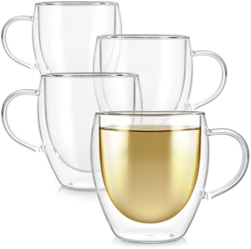 Teabloom Double Walled Cups – 8 oz / 250 ml – Set of 4 Insulated Glass Cups for Tea, Coffee, Espresso, and More – Clarity Glasses by Teabloom