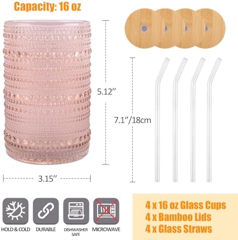 Vintage Drinking Glasses Set of 4 with Bamboo Lids, Textured Clear Striped Ribbed Glassware Set Cocktail Set Beaded Glass Cups Old Fashion Embossed Iced Coffee Cup for Beer, Beverage(16 oz), Rose Gold - Image 2
