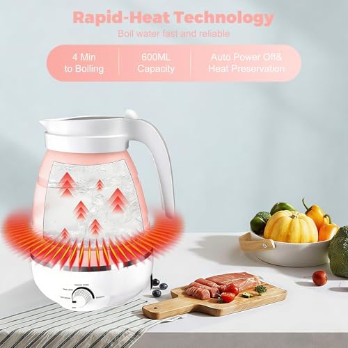 Qivine Collapsible Travel Kettle, Silicone Portable Water Boiler Kettle Electric 600ML, Foldable Electric Pot for Boiling Water, Small Camping Kettles for Tea Coffee with 2 Cups (Pink) - Image 6