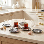 KARACA Turkish Tea Glasses Set for 6, 12-Piece Retro Anthracite Tea Set with Gold Trim, Traditional Turkish Tea Cups, Clear Glass Serving Set for Home & Entertaining by Karaca