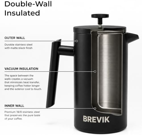 Brevik Insulated French Press Coffee Maker – 34 oz Double-Wall Stainless Steel Coffee Press, 1000ml, Matte Black, Gift-Ready Packaging - Image 7