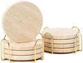 Travertine Marble Coaster Set of 8 with Holder, Neutral Beige Stone by YONGHEE