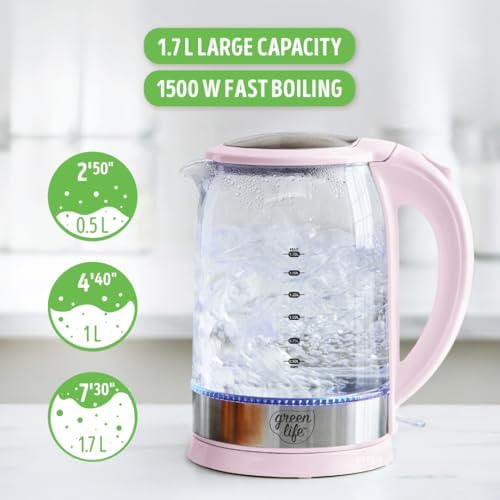 GreenLife 1.7 Liter Electric Glass Kettle, Pink - Image 6