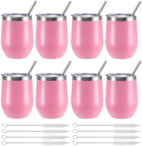 12 oz Insulated Wine Tumbler with Lid and Straw,Stainless Steel Stemless Wine Tumbler Glasses Double Wall Vacuum Wine Cups Tumbler Bulk for Coffee,Champaign,Cocktail,Office(Pink,8) by FristChoice