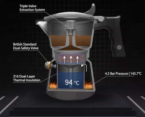 Moka Pot, 2 Cup, 316 Stainless Steel, Stovetop Espresso Maker, dual-boiler temperature control, three valves,Induction Compatible for Gas, Electric, and Ceramic Stoves - Image 5