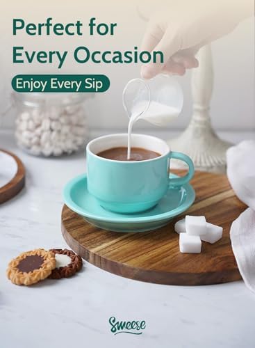 Sweese 8 Ounce Porcelain Stackable Cappuccino Cups with Saucers and Metal Stand - for Specialty Coffee Drinks, Cappuccino, Latte, Americano and Tea - Set of 4, Turquoise - Image 5
