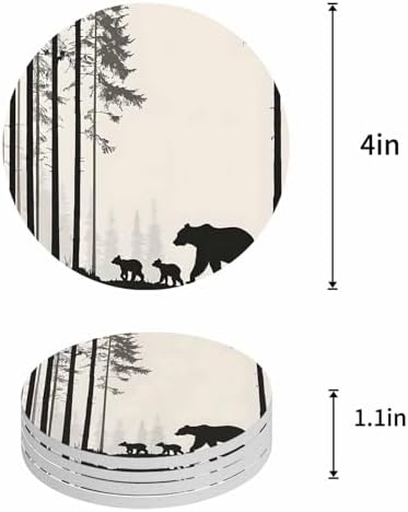 Coasters for Drinks Set of 8 Abstract Forest Walking Bear Silhouette Natural Scenery Ceramic Cup Mat, Absorbent Ceramic Stone Coasters with Cork Base for Coffee Cups Wooden Table Home Decor 4 Inch - Image 5