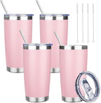 20 oz Tumbler with Lids and Straws, Stainless Steel Insulated Travel Coffee Mug, Double Wall Vacuum Insulated Tumblers, Powder Coated Coffee Tumbler for Cold & Hot Drinks (Pink, 4 Pack) by YEBTSLife