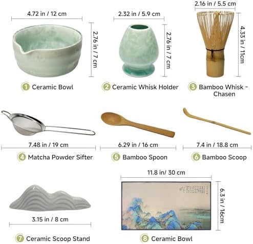 8-Piece Matcha Whisk Set, Ceramic Bowl and Sifter, Matcha Crystal - Image 2