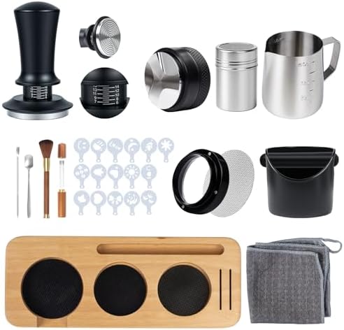 29PCS Espresso Accessories Kit,58mm Espresso Tamper Tools,Includes Wood Station,Distributor,Knock Box,Stirrer,Dosing Funnel,Brush,Puck Screen,Frothing Pitcher,Powder Ring,Towel,Decorative Stencils by Unknown
