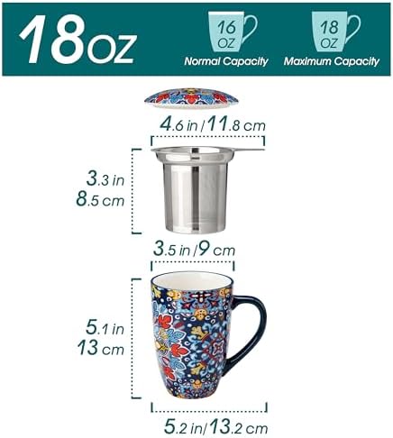 vancasso Ceramic Tea Mug with Infuser and Lid, 18 Ounce Bohemian Loose Leaf Cup, Microwave & Dishwasher Safe, Perfect for Tea, Coffee, Royal-Crimson Flourish - Image 2