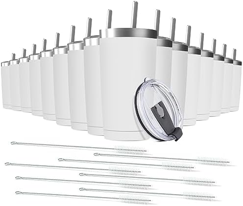 16 pack 20 oz Stainless Steel Insulated Tumbler with Straw and Lid, Double Wall Travel Coffee Mug Vacuum Insulated Bulk Tumbler, Suitable for Vehicle Cup Holders （White） by Deitybless
