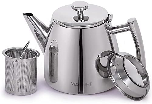 VeoHome Stainless Steel Tea Pot with Infuser - Keeps Heat Thanks to its Double Wall, Silver (1 Liter (34 oz))… by VeoHome
