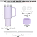 4 Pack 40 Oz Tumbler with Handle Bulk, Double Wall Vacuum Insulated Stainless Steel Tumbler with Lid and Straw, 40 oz cup with Silicone Spill Proof Stopper Set (Purple) - Image 3