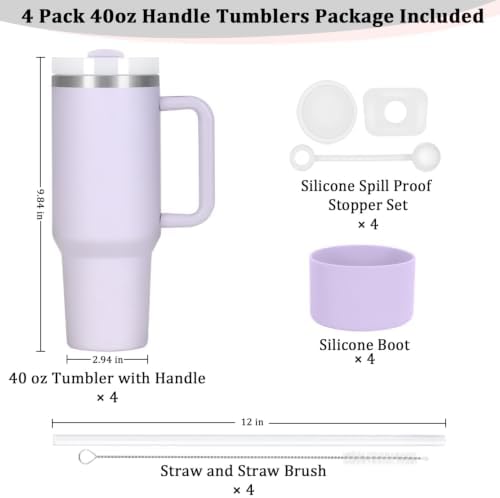 4 Pack 40 Oz Tumbler with Handle Bulk, Double Wall Vacuum Insulated Stainless Steel Tumbler with Lid and Straw, 40 oz cup with Silicone Spill Proof Stopper Set (Purple) - Image 3