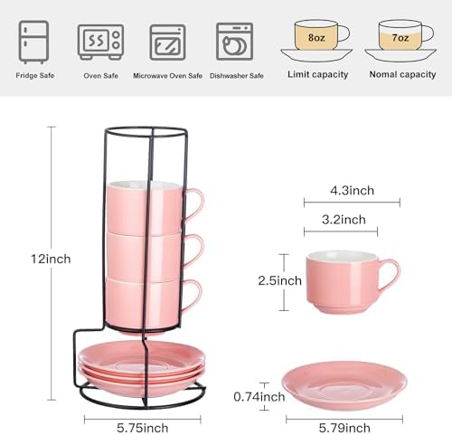 YOLIFE 8 Ounce Porcelain Stackable Cappuccino Cups and Saucers Set of 4 - Image 2