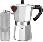 Manual Coffee Grinder Detachable Stainless Steel Conical Burr Aluminum Coffee Bean Grinder Silver with 3 Cup Aluminum Espresso Stovetop Moka Pot Express Coffee Maker Percolator Italian Classic by Theperfectcombinationofcoffeehomeandhealthylivingmakingeverydayadayofrituals