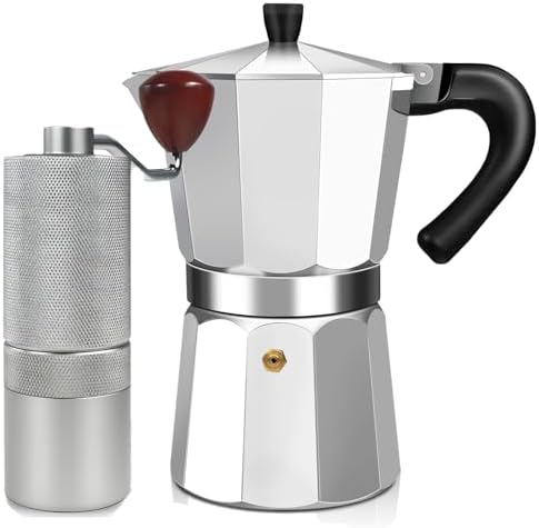 Manual Coffee Grinder Detachable Stainless Steel Conical Burr Aluminum Coffee Bean Grinder Silver with 3 Cup Aluminum Espresso Stovetop Moka Pot Express Coffee Maker Percolator Italian Classic by Theperfectcombinationofcoffeehomeandhealthylivingmakingeverydayadayofrituals