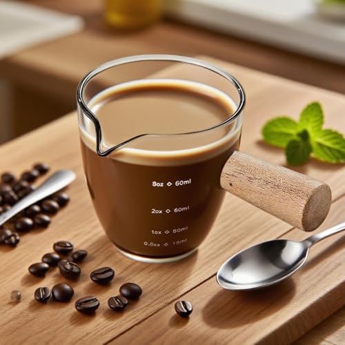 2 Pcs Espresso Shot Glasses, 3 fl oz 90 ml Glass Espresso Cups with Wooden Handle, Clear Measurement Marks, Smooth Pouring Spout, Fits Espresso Machines, Shot Glasses for Coffee Enthusiasts - Image 2