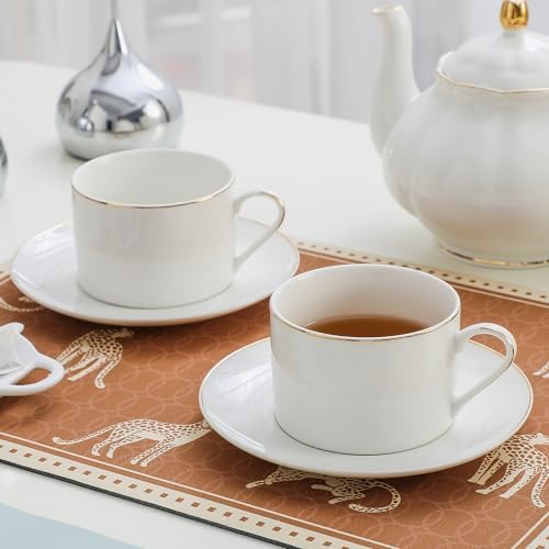 6.6oz White Porcelain Tea Cup and Saucer Set with gold, Set of 8 - Image 4