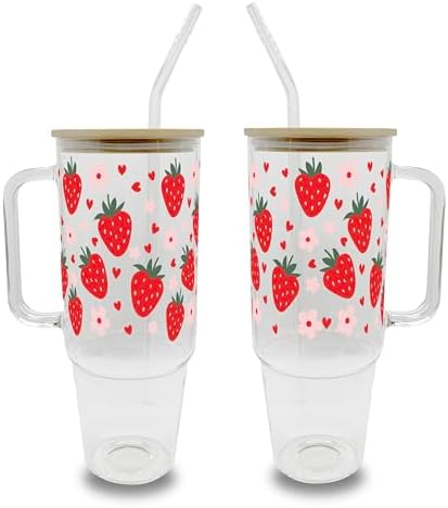 Sip-Sip Hooray! Strawberry Floral 40oz Glass Tumbler with Handle, Lid and Straw, Cute Summer Iced Coffee Cup, Gift for Women, Berry Flower Aesthetic by Sip-SipHooray