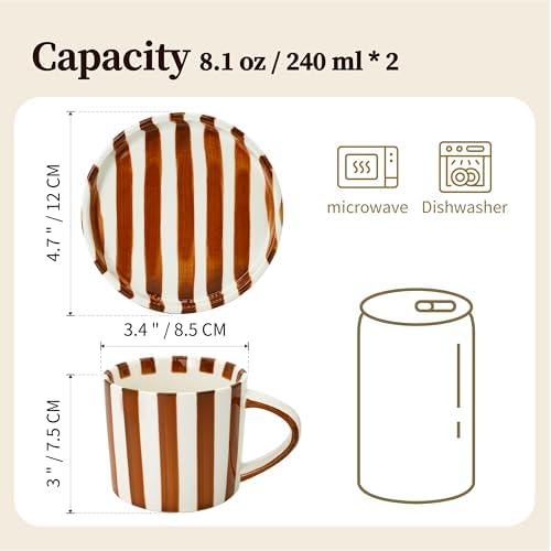 2-Pack Ceramic Coffee Mug and Saucer Set, 8 oz Hand-Painted Green Stripe Porcelain Espresso Cups for Latte, Tea, Cappuccino (Brown) - Image 5