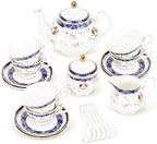 fanquare 21-Piece Blue Lace and Roses Bone China Tea Sets for Adults by fanquare