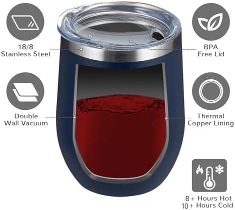 MEWAY 12oz Wine Tumbler 16 Pack Bulk Gifts for Women,Double Wall Vacuum Stainless Steel Travel Mug with Lid,Insulated Stemless Wine Cup Glass for Coffee,Cocktails,Drinks(Navy,Set of 16) - Image 3