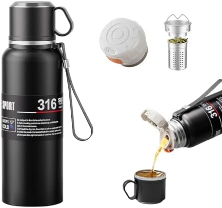 Stainless steel Vacuum Thermoses Bottle With Tea Infuser & Cup,Double Layer Insulated Coffee Bottles for Hot and Cold Drink Water Flask (Black, 1360ML) by Unknown