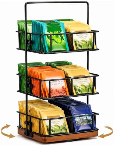3 Tier Rotating Tea Bag Organizer Iron & Acacia Wood 360°Spinning Carousel by Unknown