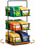 3 Tier Rotating Tea Bag Organizer Iron & Acacia Wood 360°Spinning Carousel by Unknown