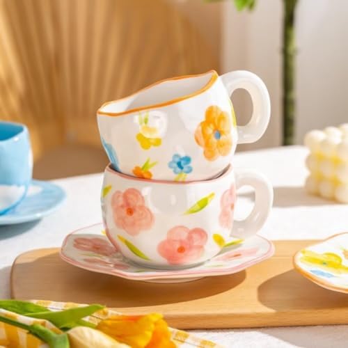 10oz Hand-Painted Ceramic Cup and Saucer Set, Cute Floral Print Coffee Mug with Handle, Porcelain Tea Cup for Office, Home, Kitchen, for Coffee Lovers - Image 4