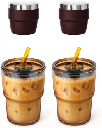 2 Pack 4 oz Espresso Cup with 2 Pack 13 oz Glass Tumbler/Iced Coffee Cup by Cafezi
