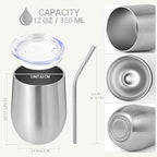 Volhoply 12oz Stainless Steel Wine Tumbler with Lid Bulk 12 Pack,Double Wall Vacuum Stemless Wine Glasses,Reusable Metal Travel Coffe Mug with Straw,Insulated Cups Gifts for Christmas（Silver,12 Set） - Image 2