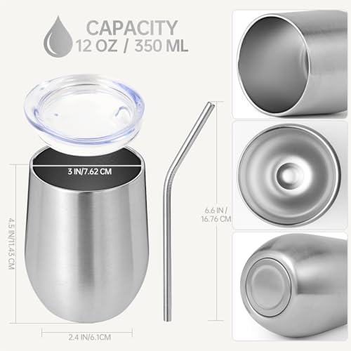 Volhoply 12oz Stainless Steel Wine Tumbler with Lid Bulk 12 Pack,Double Wall Vacuum Stemless Wine Glasses,Reusable Metal Travel Coffe Mug with Straw,Insulated Cups Gifts for Christmas（Silver,12 Set） - Image 2