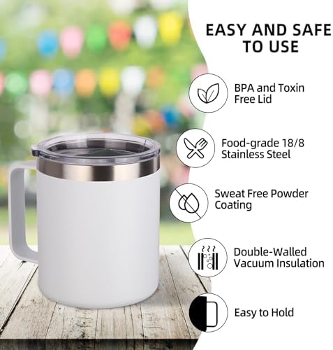 Volhoply 14oz Insulated Stainless Steel Coffee Mug with Lid Bulk 4 Pack,Not Suitable for Sublimation,Double Wall Vacuum Travel Coffee Cup with Handle, Reusable Metal Camping Mugs Keep Cold(White,4) - Image 4
