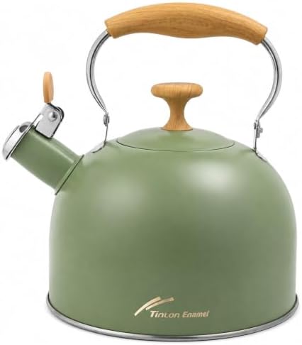 Whistling Tea Kettle, 2.5 Qt Stovetop Teapot, Olive Green by TinlonEnamel