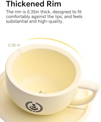 Ceramic Latte Art Cup with Saucer Set - 10oz Thickened Rim Cappuccino Cup for Perfect Crema, Anti-Slip Base & Matte Glaze, Espresso Coffee Mug for Home Barista & Kitchen, Creamy Yellow - Image 4